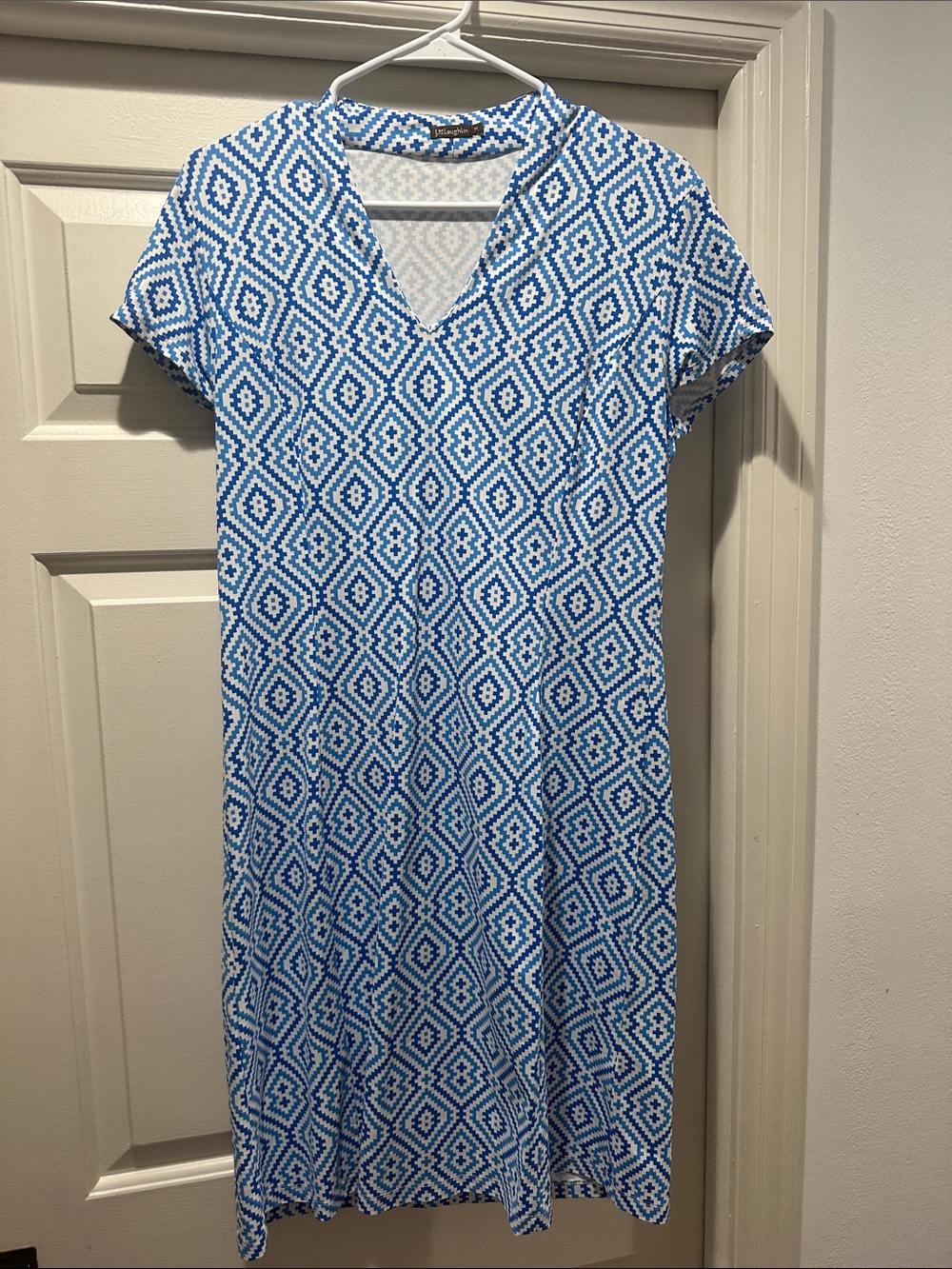 J. McLaughlin Blue and White Geometric Midi Dress